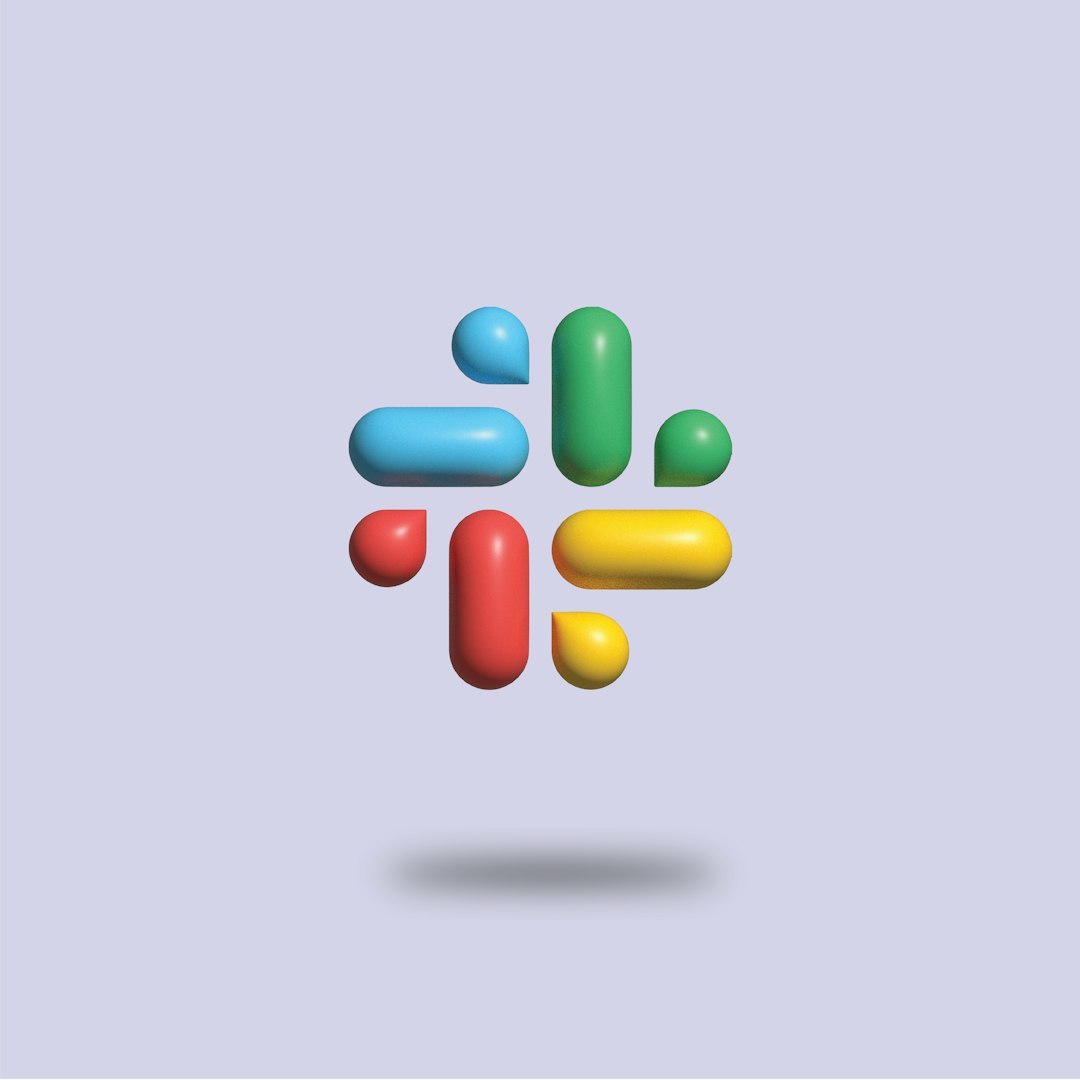 Slack logo composed of colorful rounded capsules (blue, green, red, yellow) on a lavender background with a soft shadow below.