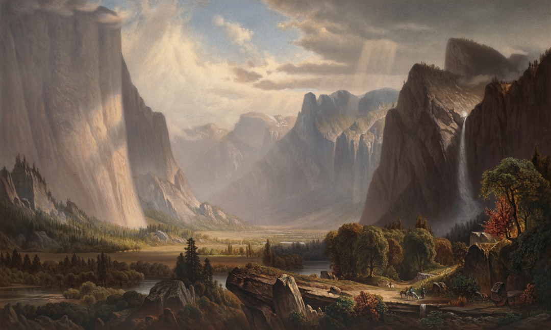Romantic landscape painting of a valley with towering cliffs, a river in the foreground, dense trees, sunlit mountains in the distance, and a waterfall on the right.