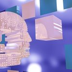 Abstract 3D head silhouette made of circuit patterns, surrounded by floating colorful cubes against a purple background (technology/AI theme).