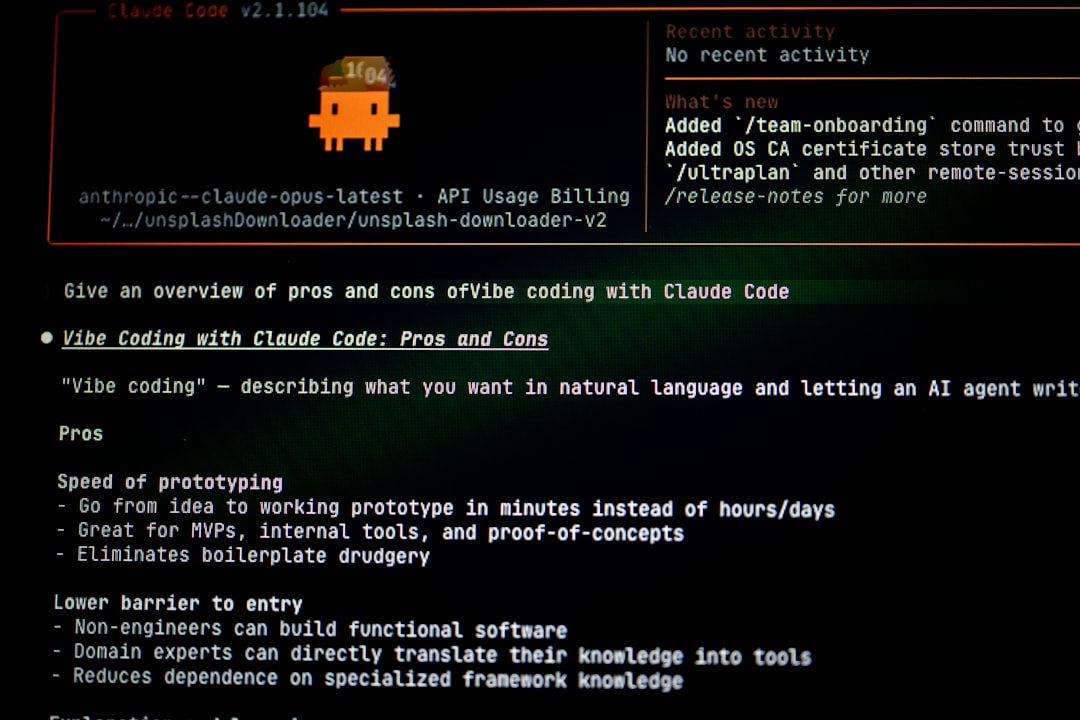 Slide from a dark-themed presentation about Vibe Coding with Claude Code; shows a pixel avatar, a file path, and a bulleted list of pros and cons.