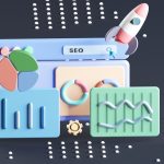 3D illustration of an SEO dashboard with charts and a rocket symbolizing growth.