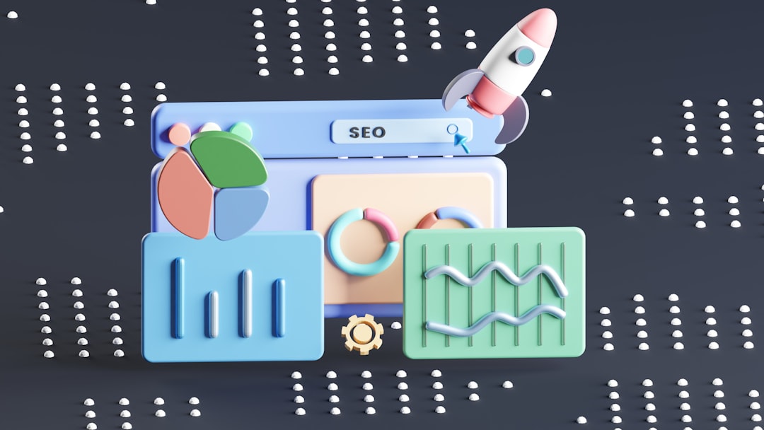 3D illustration of an SEO dashboard with bar and donut charts, a line graph, gear icon, and a rocket symbolizing growth.