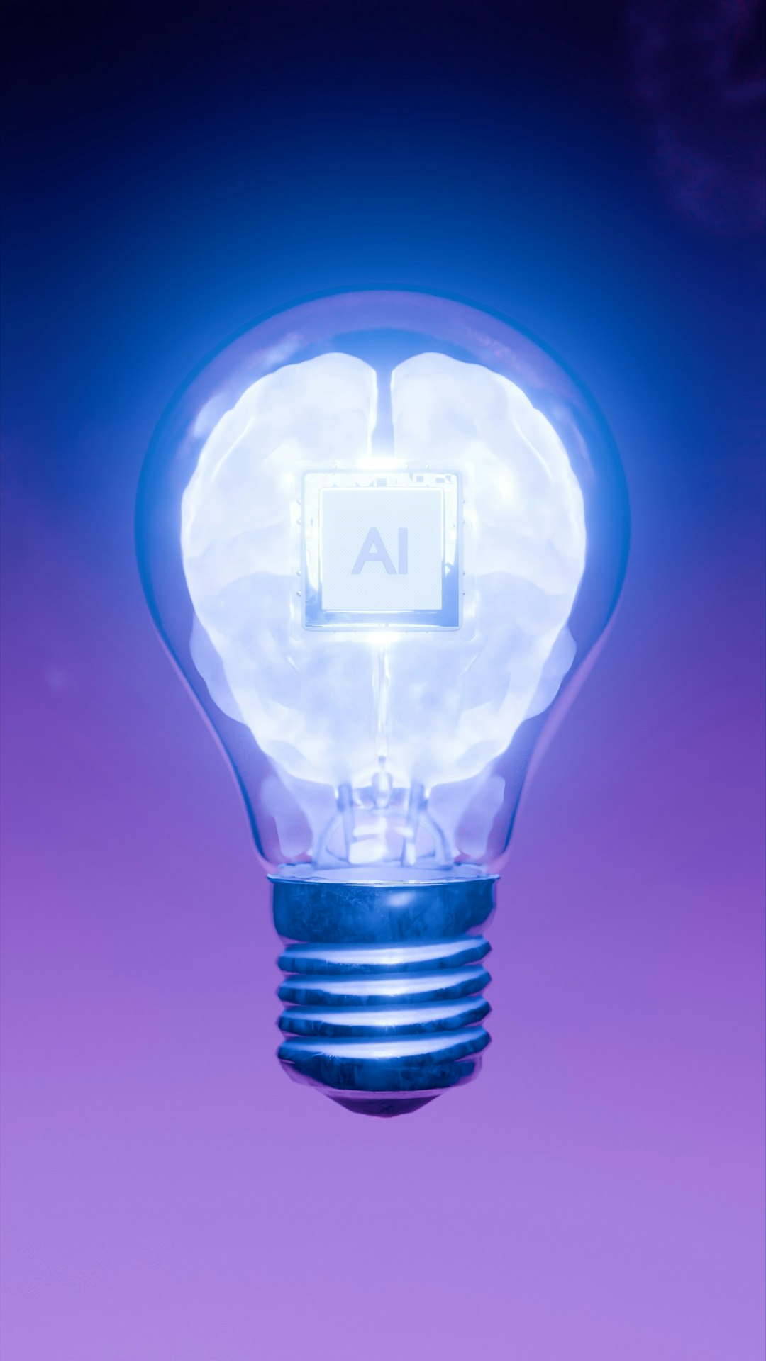 Glowing light bulb with an AI chip at its center, symbolizing artificial intelligence.