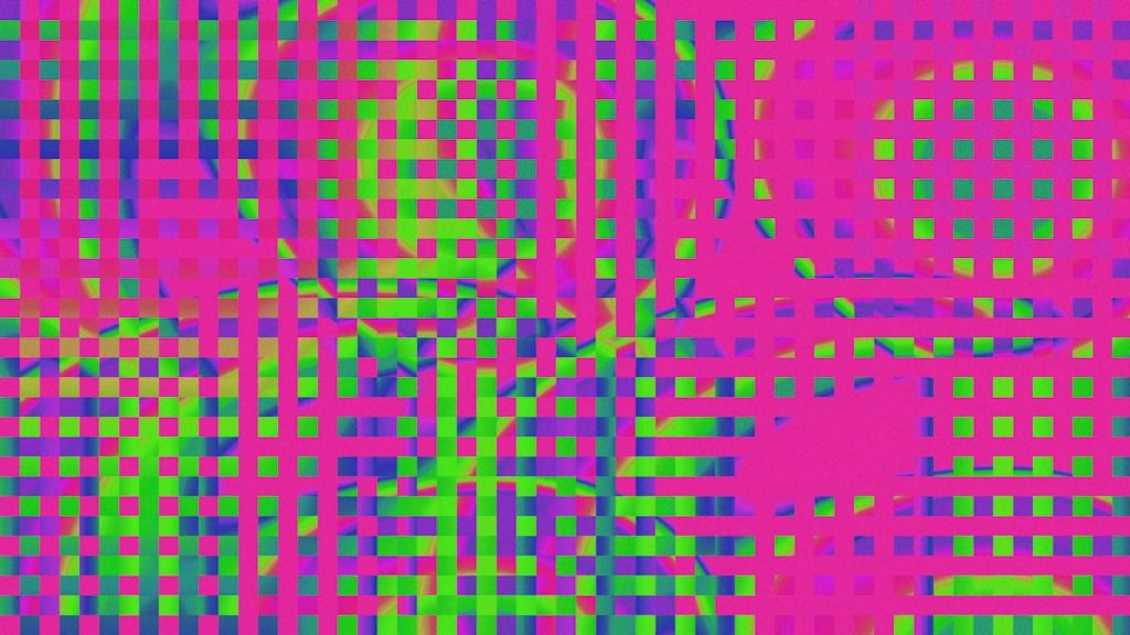 Abstract digital artwork: hot pink lattice over neon green and blue checkerboard patterns.