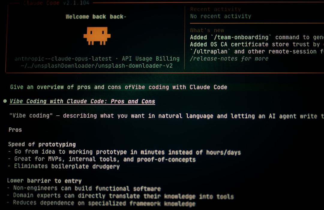 Dark terminal-style screen with a small orange pixel avatar and code-like text about Vibe Coding with Claude Code.