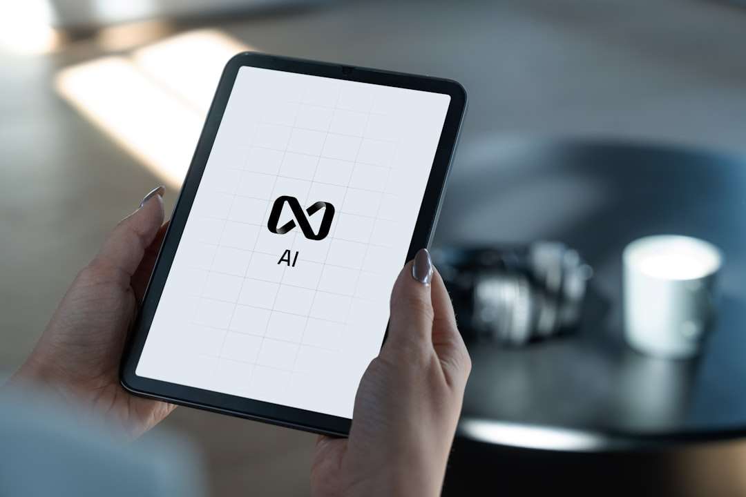Hands holding a tablet displaying an AI logo on a light grid background.