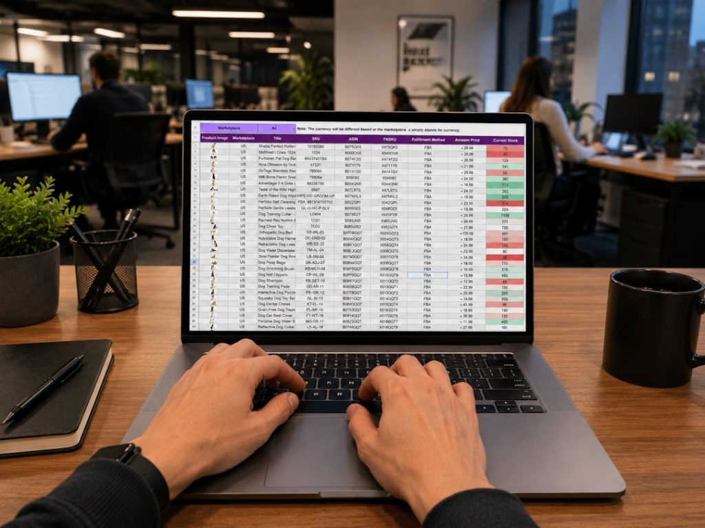 Person typing on a laptop displaying a dense spreadsheet in a modern office environment.