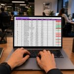 Person typing on a laptop displaying a dense spreadsheet in a modern office environment.