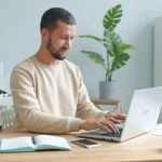 Man sits at a wooden desk typing on a silver laptop in a bright home office with plants and organized shelves in the background.