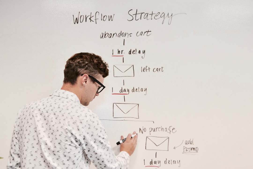 Man with glasses writes a 'Workflow Strategy' flowchart on a whiteboard.