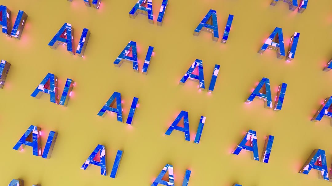 Pattern of blue 3D letters 'AI' with pink glow scattered on a yellow background, decorative tech motif