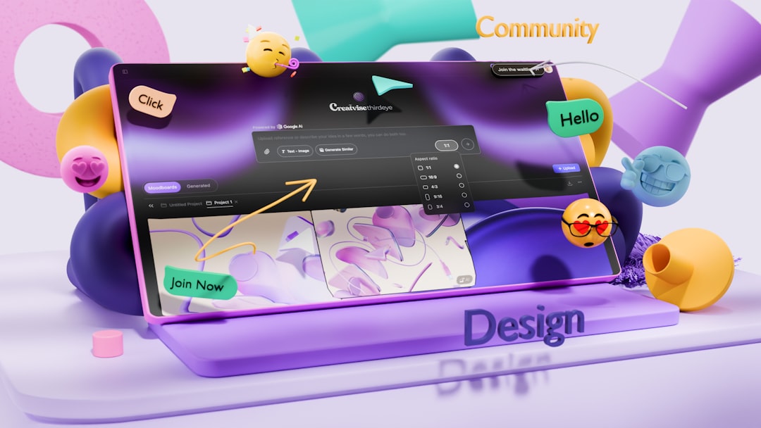 Colorful 3D illustration of a laptop showing a design app, with 'Join Now' and 'Hello' stickers for a design community.