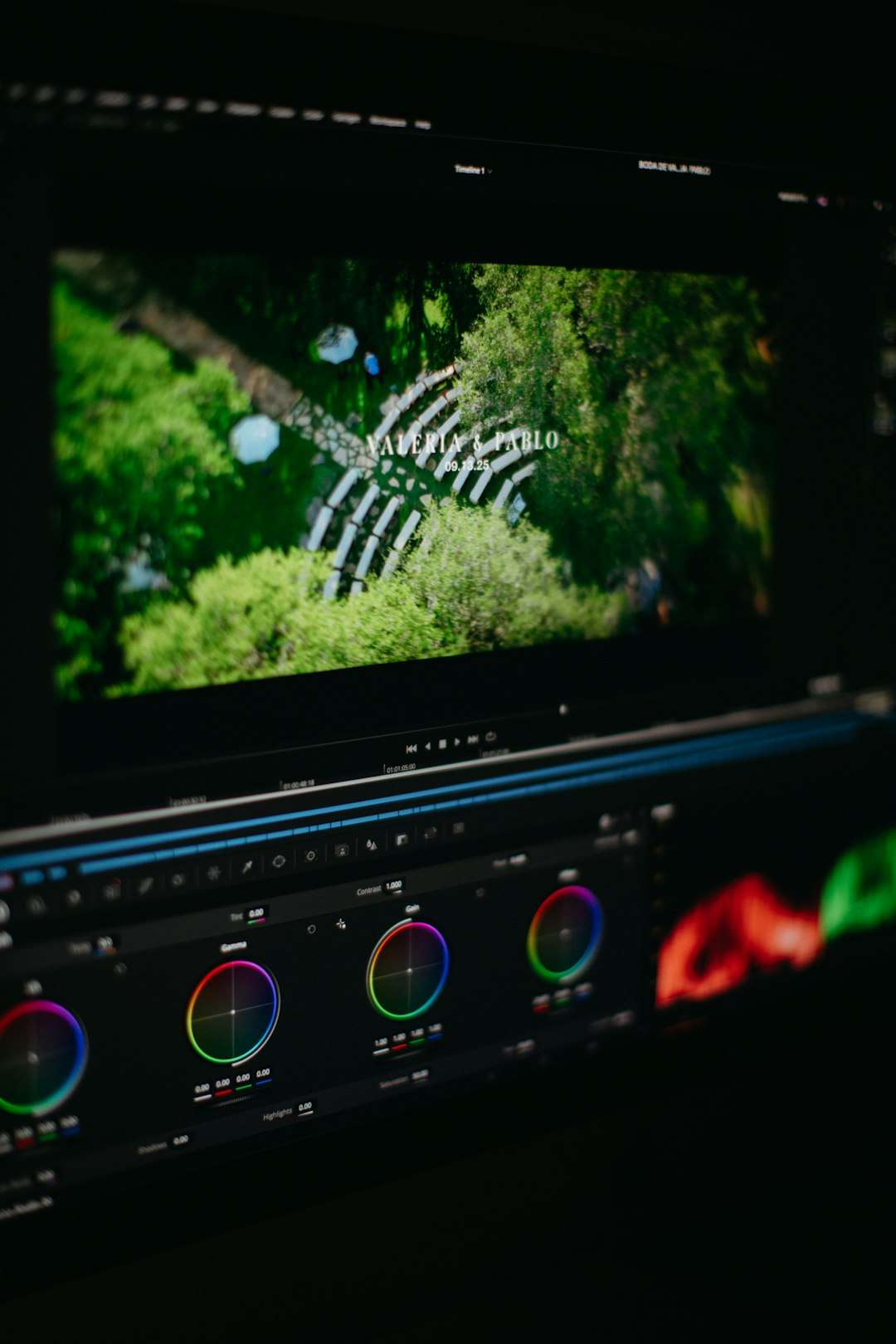 Close-up of a computer monitor showing video editing software with color wheels and a green outdoor scene on the timeline, suggesting on-screen grading work.