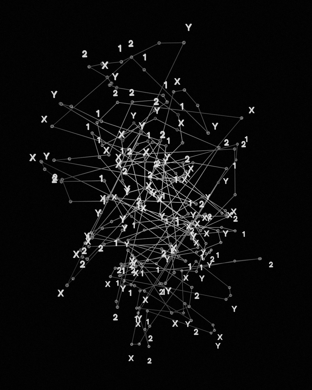 Abstract network diagram with numerous interconnected nodes labeled X and Y, and small numbers, on a black background.