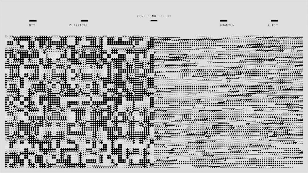 Abstract diagram labeled 'Computing Fields': left side shows 'BIT' and 'CLASSICAL' with a dense black-square matrix; right side shows 'QUANTUM' and 'QUBIT' with fine patterned grid, illustrating two computing paradigms.