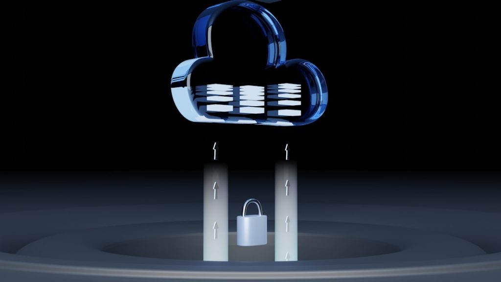 Blue cloud icon with a padlock beneath it between two pillars, symbolizing cloud security in a dark background.