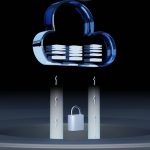 Blue cloud icon with a padlock beneath it between two pillars, symbolizing cloud security in a dark background.
