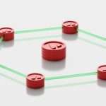 Red bottle cap nodes connected by green rods forming a hexagonal network with a central cap