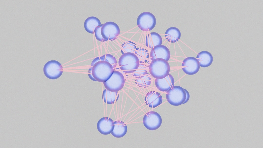 Abstract network of blue nodes connected by pink lines, representing a neural network concept.