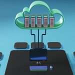 3D illustration of a green cloud housing server racks connected by cables to a desktop on a conference table with surrounding stools