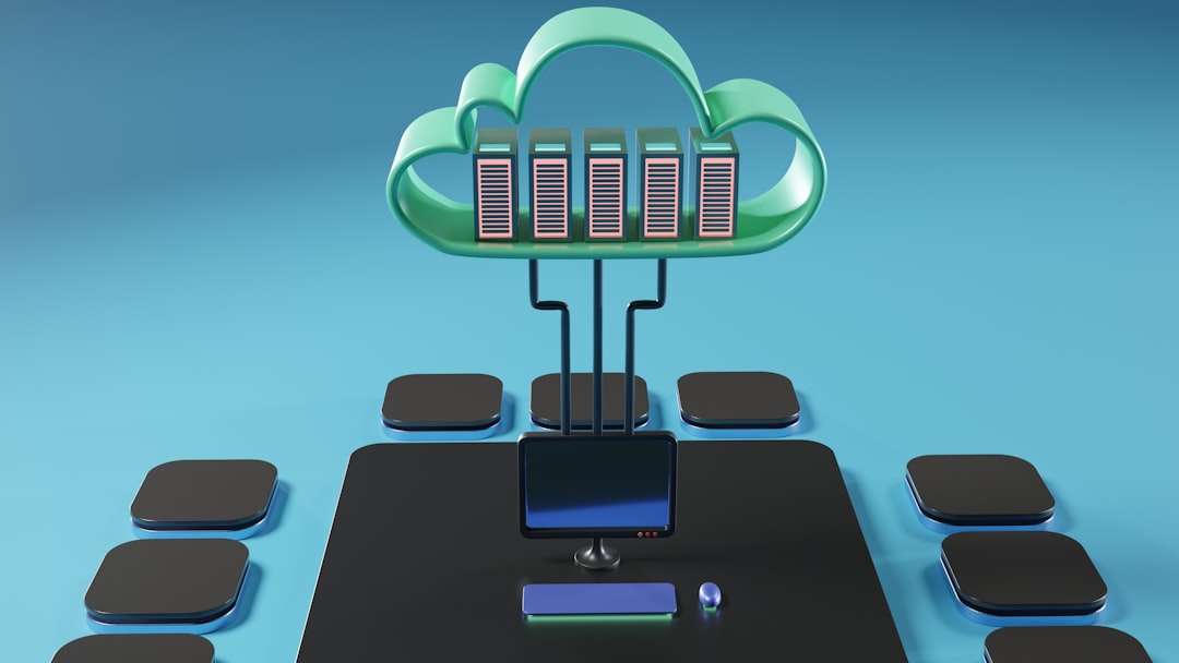 3D illustration of a green cloud housing server racks connected by cables to a desktop on a conference table with surrounding stools
