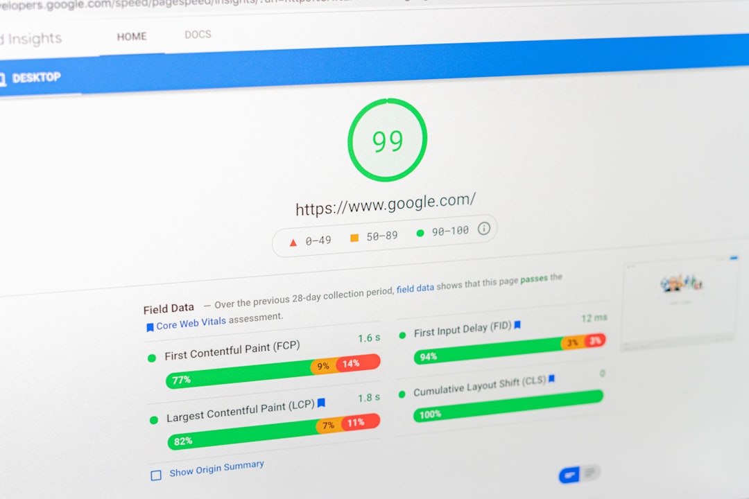 Screen displaying Google PageSpeed Insights results: a green 99 score with performance charts and Core Web Vitals details.