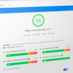 Green circular score badge showing 99 for https://www.google.com/ with performance metrics and charts below (web vitals page)