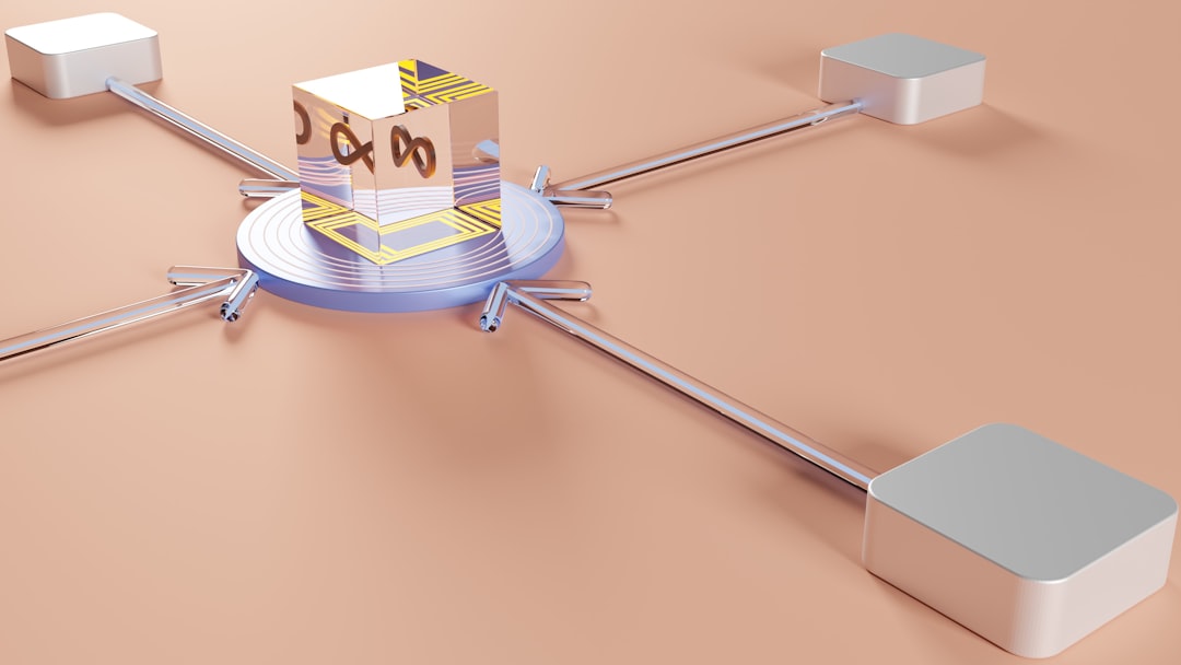Shiny central cube connected to four arm-like rods leading to square bases, forming a four-way hub.