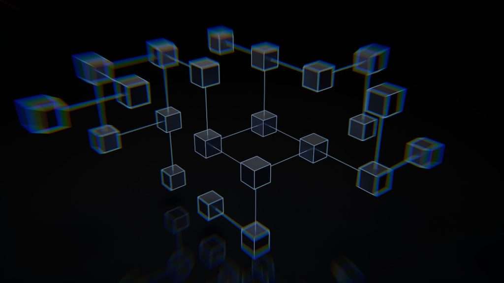 3D network of transparent cubes connected by lines, forming a geometric lattice in a dark space.