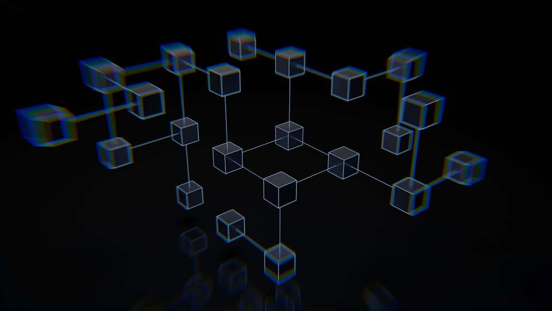 3D network of transparent cubes connected by lines, forming a geometric lattice in a dark space.