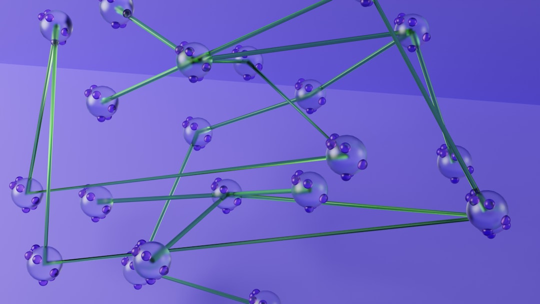 Abstract 3D molecular model with purple spheres connected by green rods on a purple gradient background