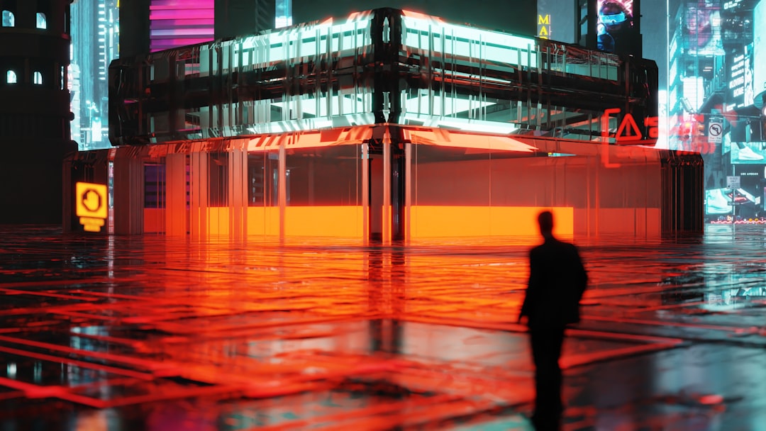Silhouette of a person on a rain-soaked neon-lit street in a futuristic city with a glass building and bright reflections.