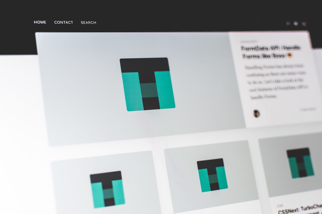 Website homepage mockup with a grid of teal and black abstract logo tiles under a dark header bar.