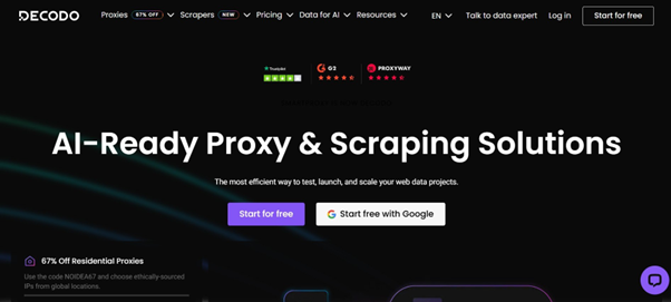 Hero banner advertising 'AI-Ready Proxy & Scraping Solutions' with a subtitle and two call-to-action buttons: 'Start for free' and 'Start free with Google' on a dark background.