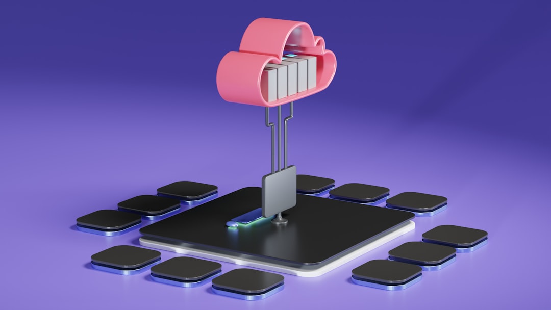 Pink cloud with files connected to a central chip, surrounded by device tiles, illustrating cloud storage on edge devices.