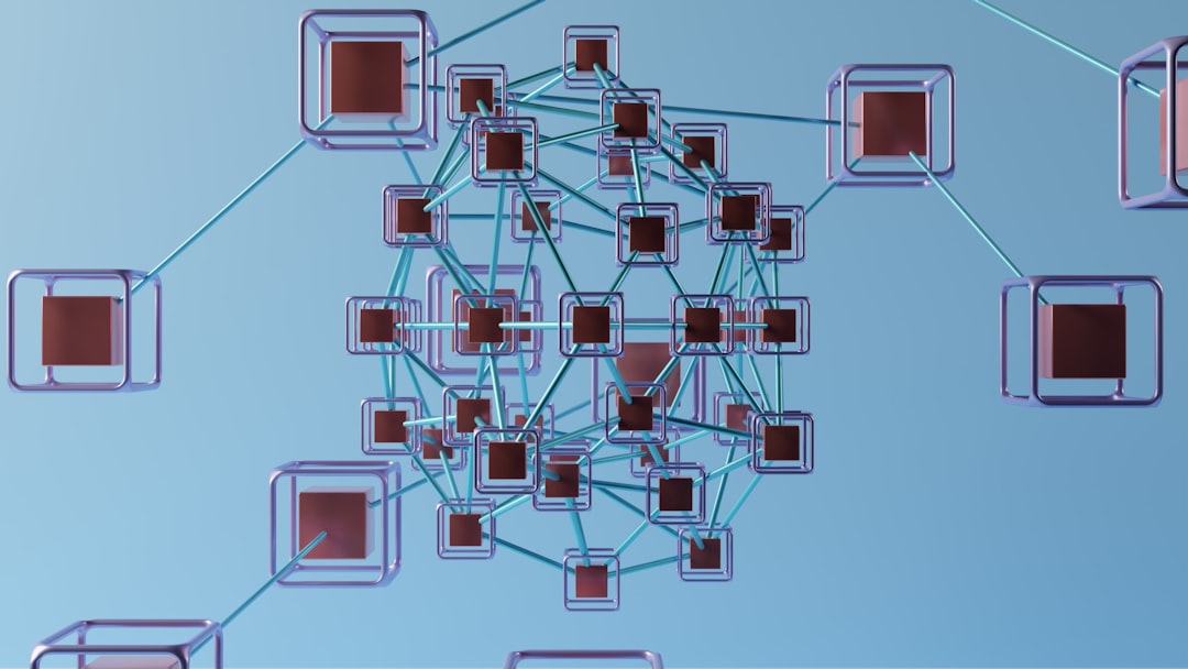 Abstract 3D network of blue square frames connected by teal lines, with dark centers clustered in the middle, suggesting a data or neural network.