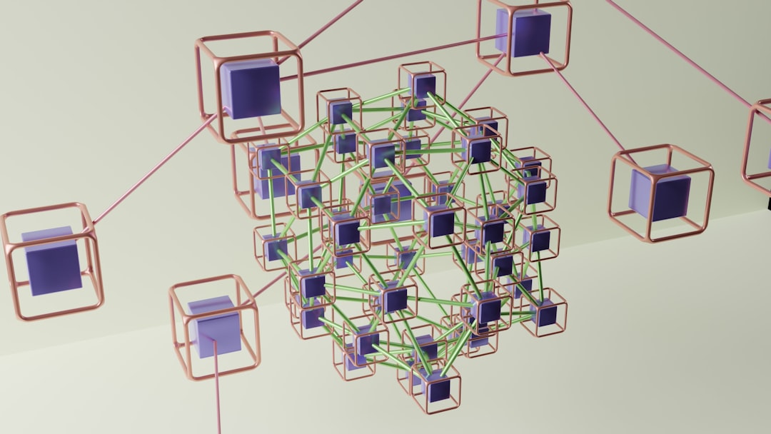 Abstract 3D network of pink wireframe cubes with purple centers connected by green edges, forming a central cluster.