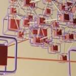 Abstract 3D lattice of purple square frames connected by orange rods and red cubes, suggesting a data network or interconnected system.