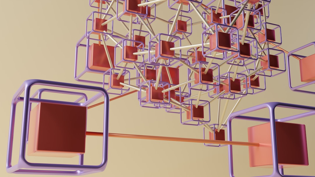 Abstract 3D lattice of purple square frames connected by orange rods and red cubes, suggesting a data network or interconnected system.