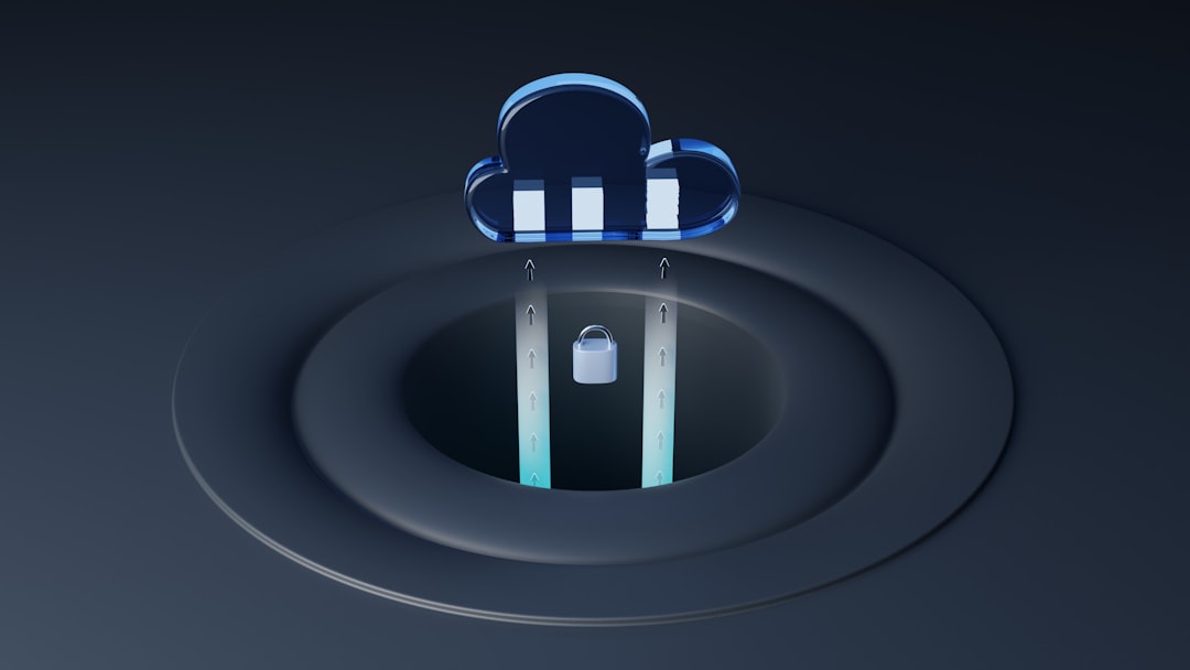 3D illustration of a blue cloud above a dark pit with two glowing pillars and a padlock, representing secure cloud storage.