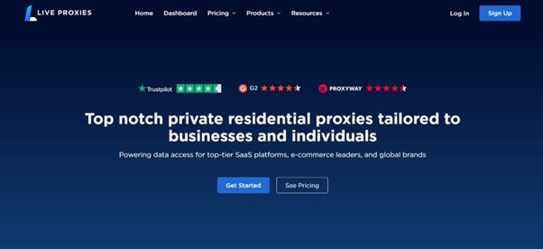 Hero section for Live Proxies: dark blue gradient with navigation, trust badges, headline about private residential proxies for businesses and individuals, and Get Started / See Pricing buttons.