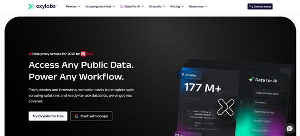 Oxylabs hero banner promoting proxies and data tools with the headline 'Access Any Public Data. Power Any Workflow' on a dark rounded hero image.