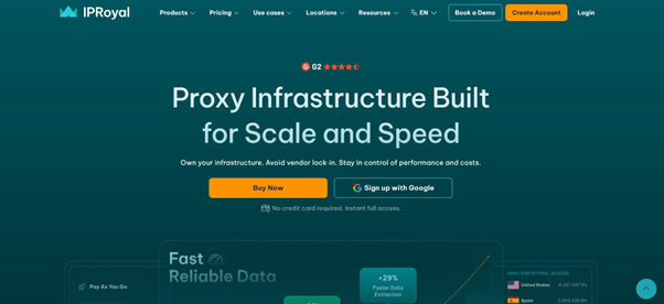 Hero section with headline 'Proxy Infrastructure Built for Scale and Speed' and two CTAs: 'Buy Now' and 'Sign up with Google' on a dark teal gradient background.