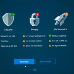 Status screen with three icons: Security shield (green check), Privacy padlock (red alert), and Performance rocket (orange alert), plus bullet items and a blue 'Fix issues' button and 'Show details' link.