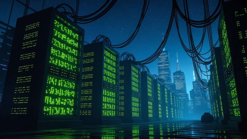 Row of server racks with green glowing data and tangled overhead cables in a futuristic data center at night in front of a distant city skyline.