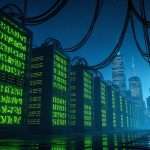 Row of server racks with green glowing data and tangled overhead cables in a futuristic data center at night in front of a distant city skyline.