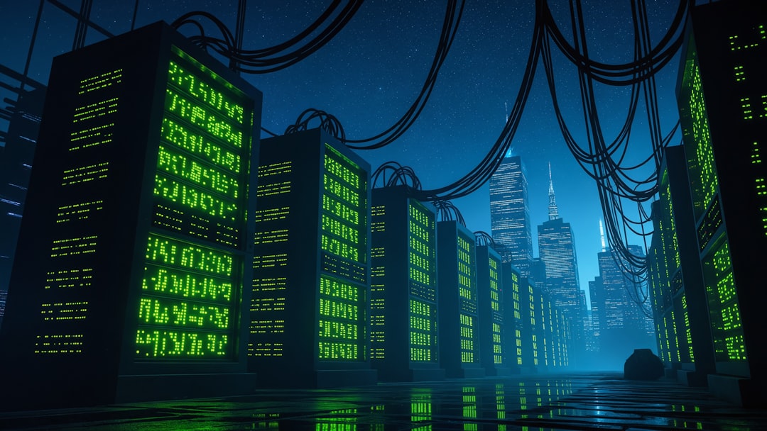 Row of server racks with green glowing data and tangled overhead cables in a futuristic data center at night in front of a distant city skyline.