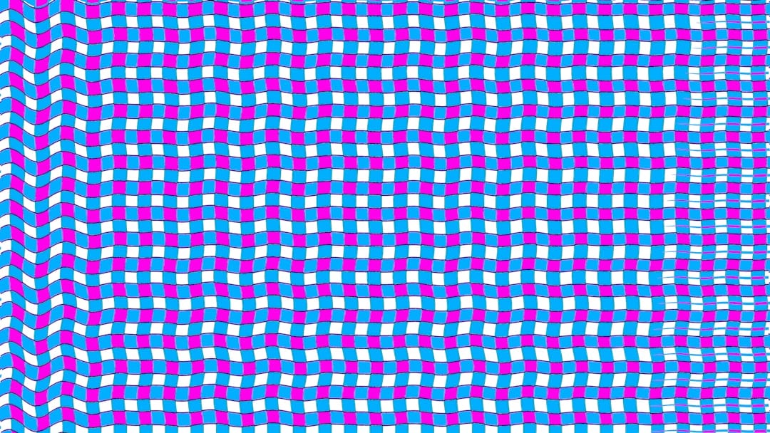 Abstract mosaic of blue and magenta checkerboard waves forming a shimmering optical pattern