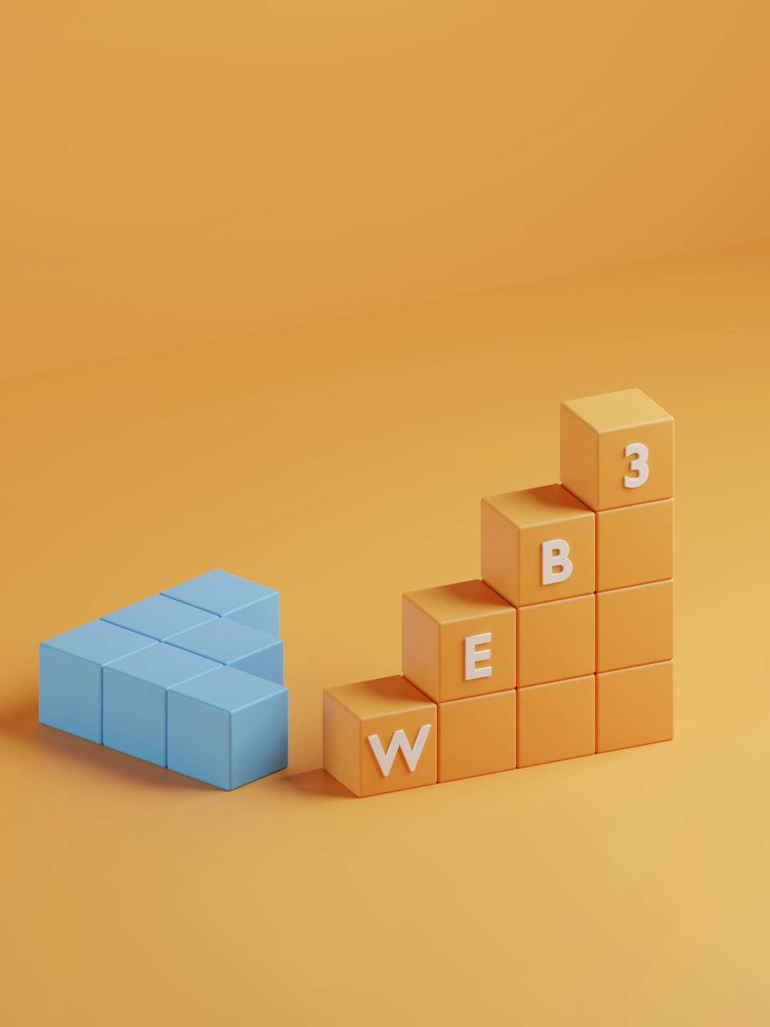 Orange cube staircase spelling WEB3, with a blue block stack to the left, on an orange background (conceptual graphic about Web3)