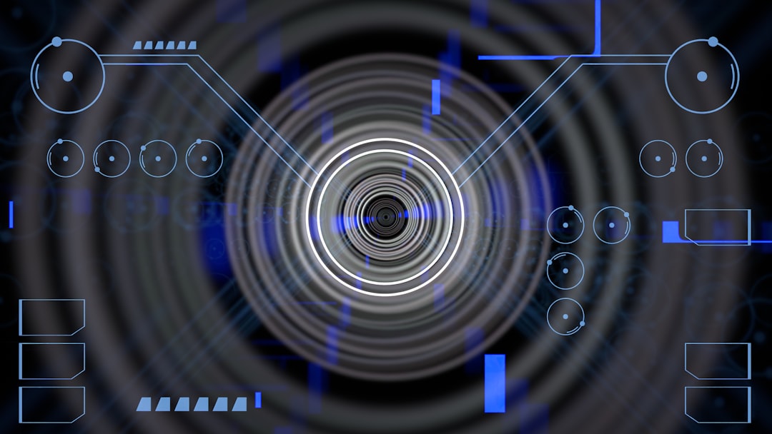 Futuristic user interface with concentric circular rings at the center, blue circuit lines and nodes resembling a radar or scan display